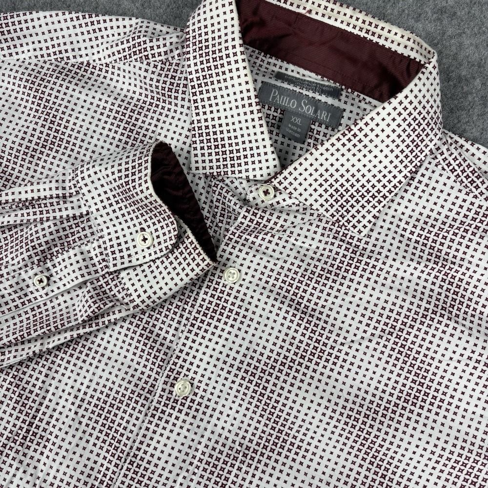 Paulo Solari Shirt Mens XXL White‎ Red Geometric Button Up Stretch Modern Fit